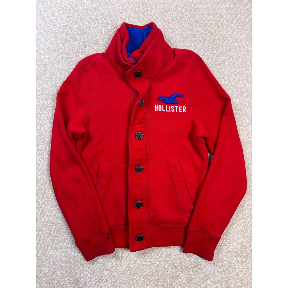 Hollister Mens Red Fleece Button Front Shawl Collar Cardigan Jacket Size S